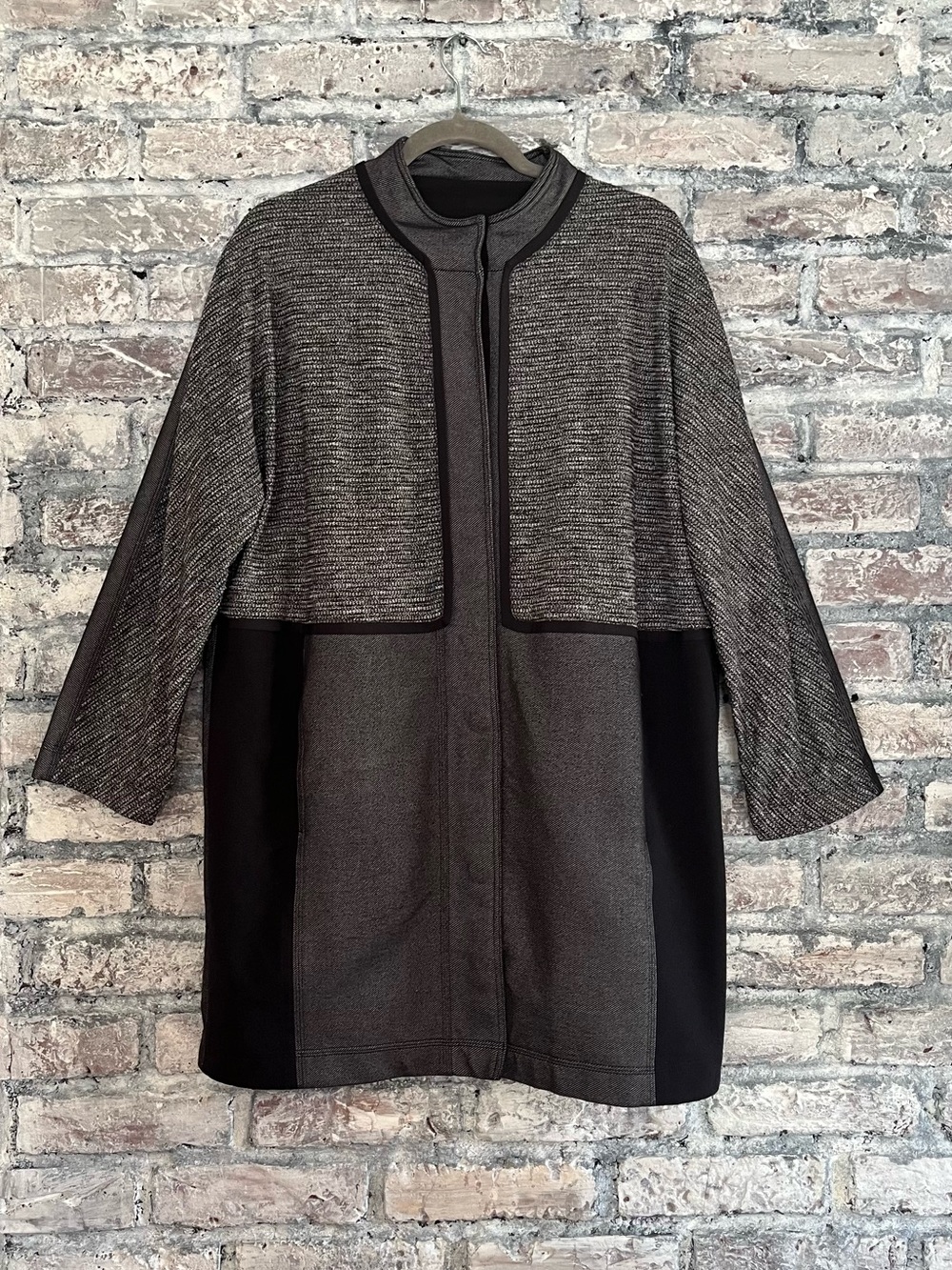 Lululemon Going Out Three-Tone Gray & Black Snap Front Trench Style Coat, pocket